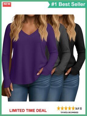 Plus Size Long Sleeve V Neck Tunic Top with Thumb Holes